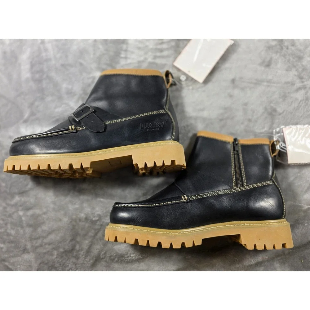 Lucky Brand Boots Men 9 Black Leather Moc Toe Monk Strap Lug Sole Factory Sample